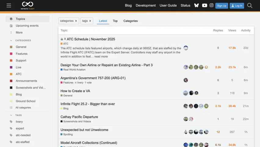 Screenshot of the Infinite Flight forum