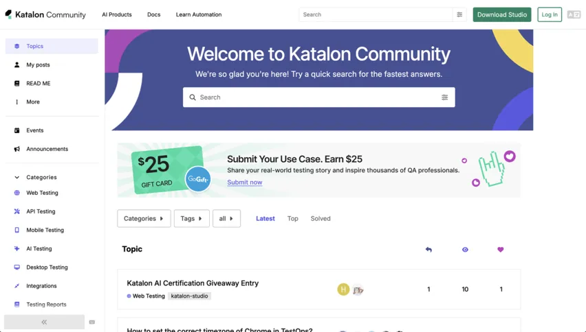 Screenshot of the Katalon Community forum