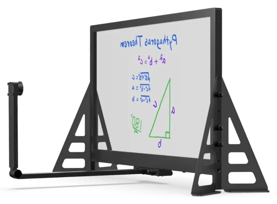 A 50-inch eGlass lightboard on A-frame legs, with a camera arm extending in front of the glass.