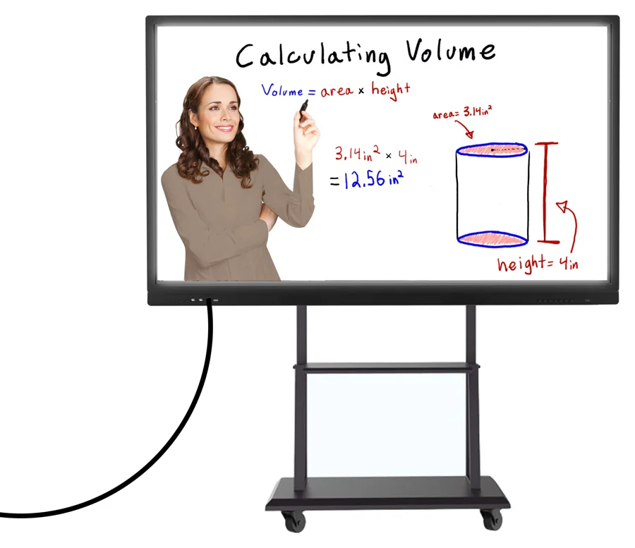 An eGlass lightboard on a wheeled stand, showing a presenter beside handwritten notes.