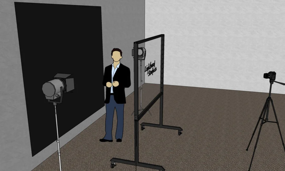 Side-view schematic showing a presenter behind the glass, lights in front of a black backdrop, and a camera facing the board.