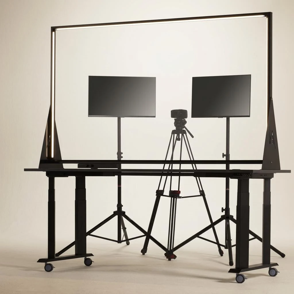 A larger studio setup: a lit glass panel on a rolling height-adjustable desk, with two confidence monitors and a camera on a tripod.
