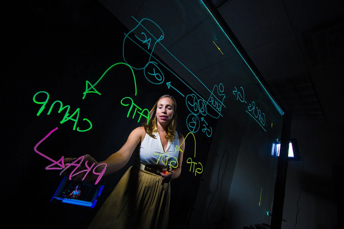 A presenter drawing colorful molecular diagrams on a transparent lightboard against a black background.